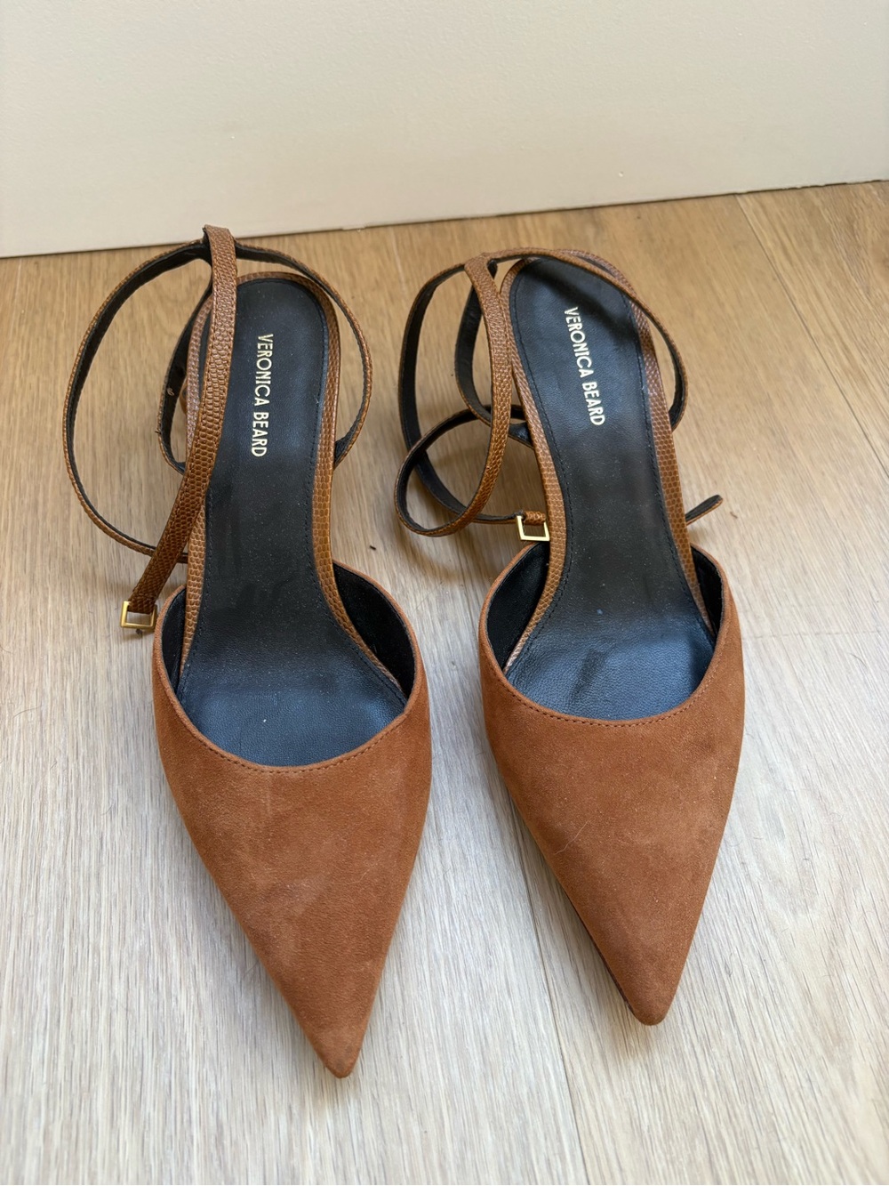 Veronica Beard Chestnut Suede Pointed-Toe Ankle-Strap Heels